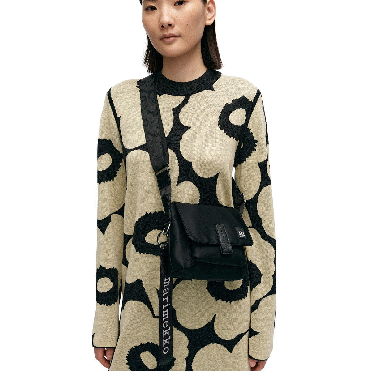 Marimekko Solid Black Mini Messenger Bag w/ Unikko Strap