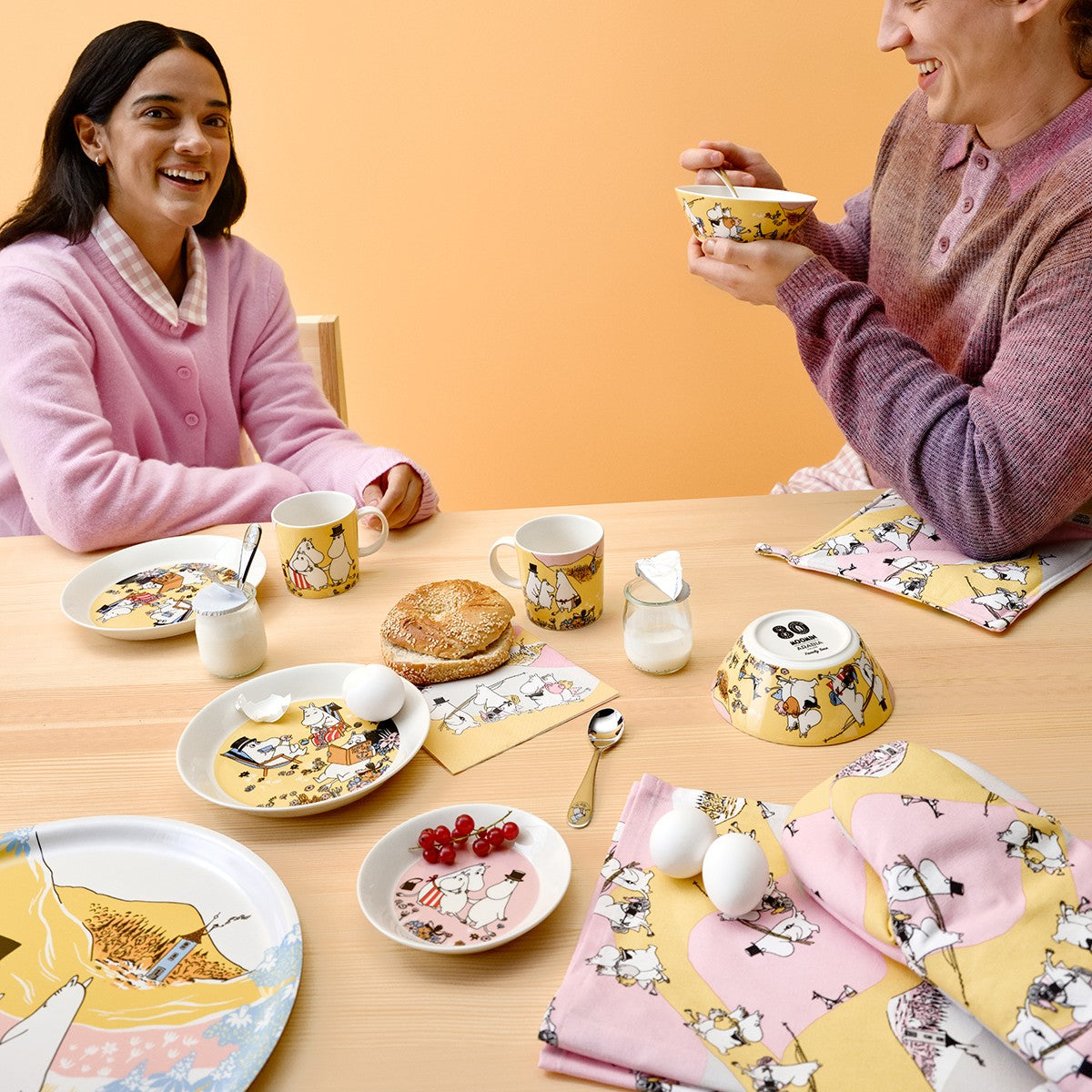 Arabia Moomin Family Time Pink / Yellow Tea Towel - 80th Anniversary
