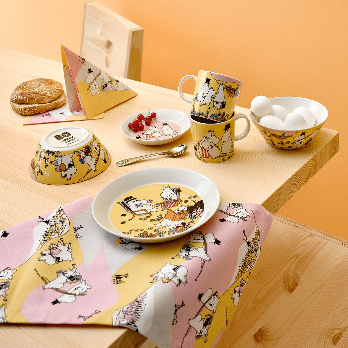 Arabia Moomin Family Time Pink / Yellow Tea Towel - 80th Anniversary