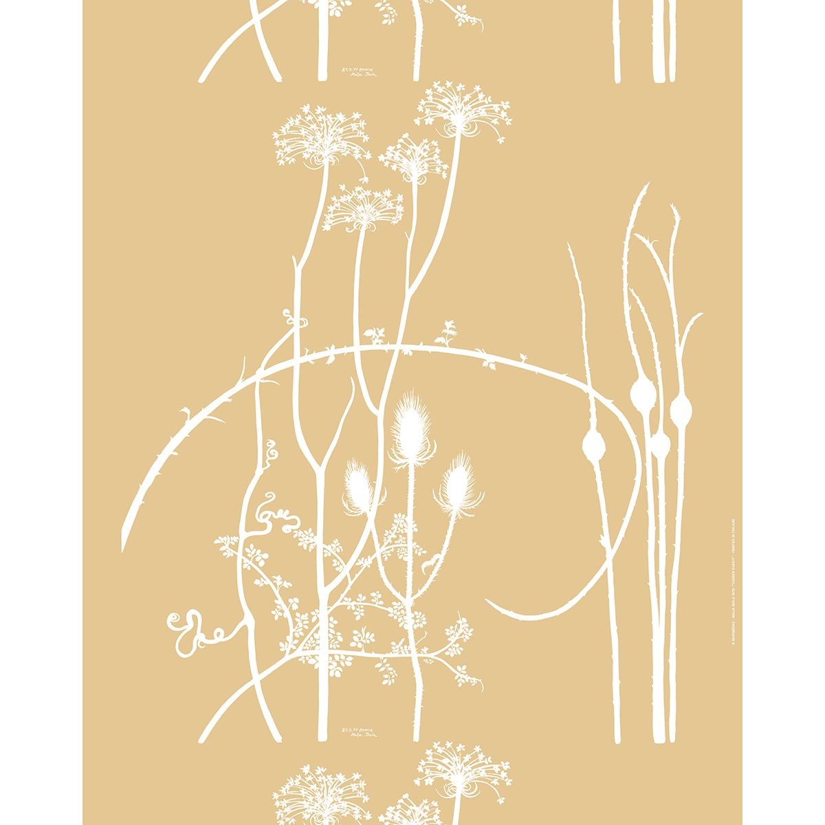 Marimekko Vuoren Kasvit Straw / White Linen Fabric Repeat