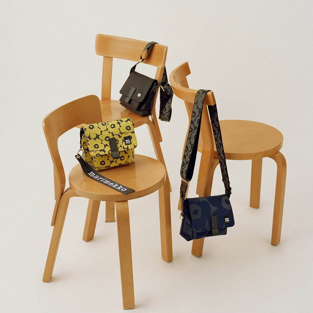 Marimekko Solid Black Mini Messenger Bag w/ Unikko Strap