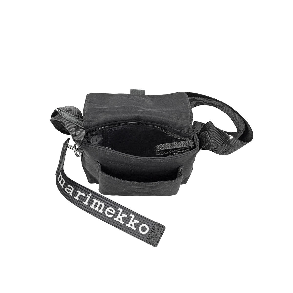 Marimekko Solid Black Mini Messenger Bag w/ Unikko Strap