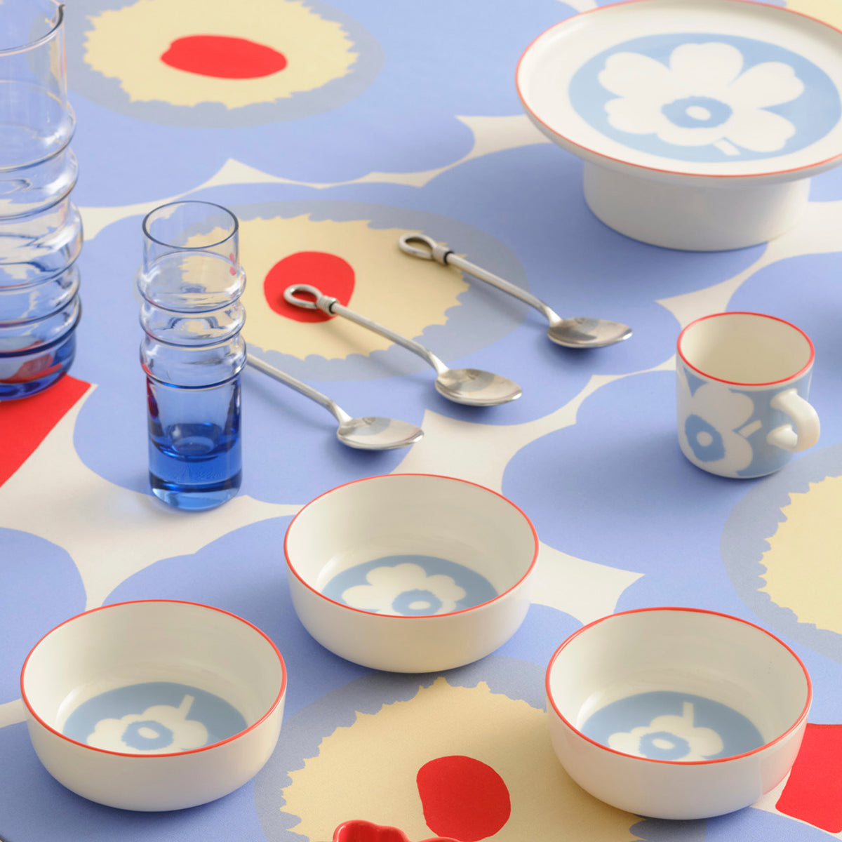 Marimekko Unikko White / Light Blue / Red Medium Weight Cotton Fabric