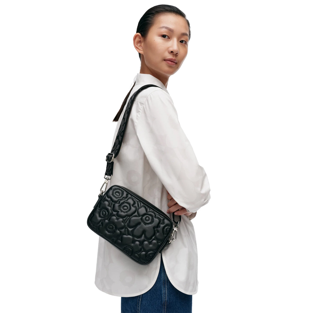 Marimekko Unikko Soft Gratha Black Leather Shoulder Bag