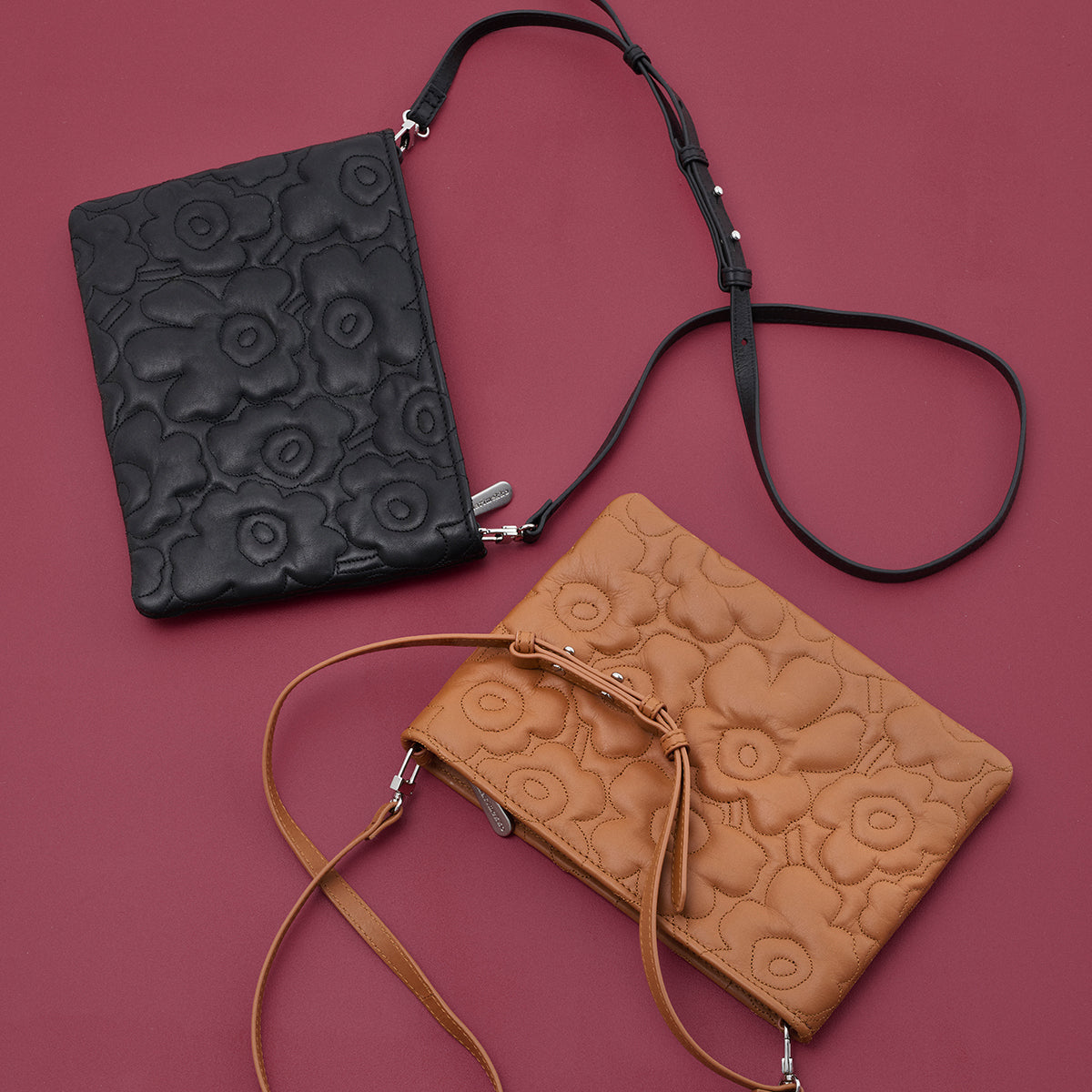 Marimekko Vieno Unikko Brown Leather Shoulder Bag