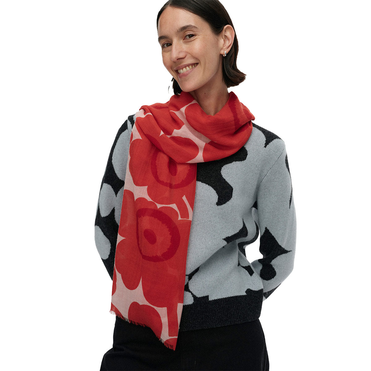 Marimekko Fiore Unikko Red / Light Pink Wool Scarf