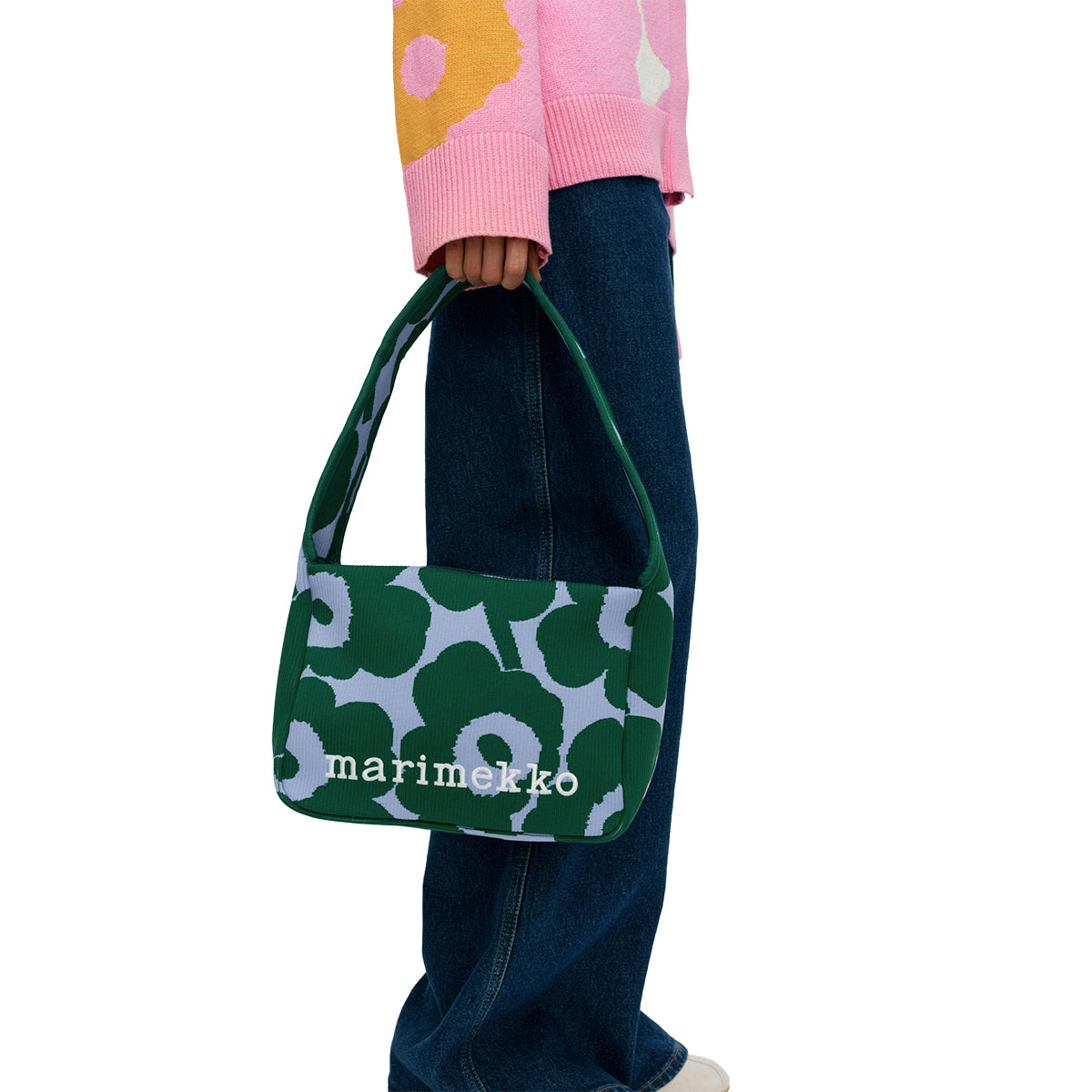 Marimekko Unikko Green / Light Blue Medium Knitted Shoulder Bag