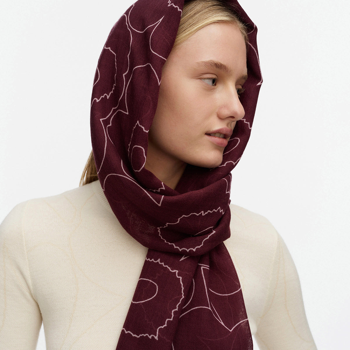 Marimekko Fiore Piirto Unikko Dark Purple / Light Pink Sheer Wool Scarf