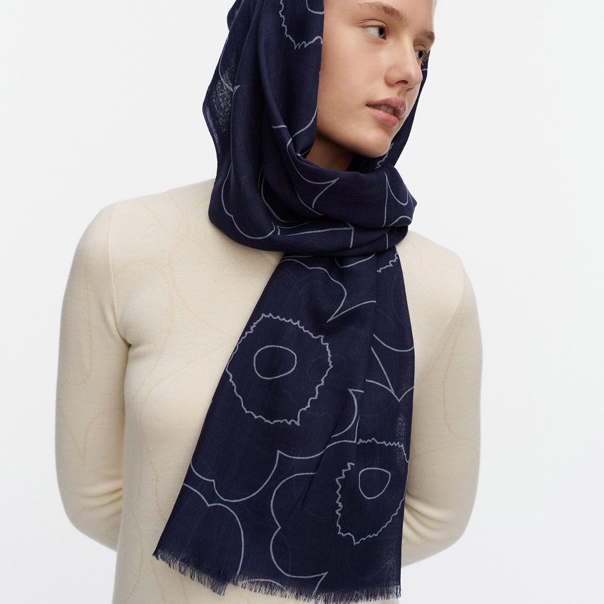 Marimekko Fiore Piirto Unikko Dark Blue / Light Blue Sheer Wool Scarf