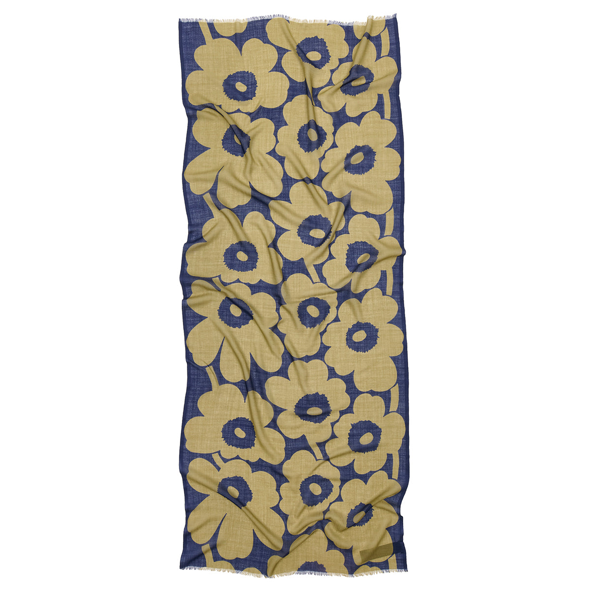 Marimekko Fiore Unikko Olive Green / Dark Blue Sheer Wool Scarf
