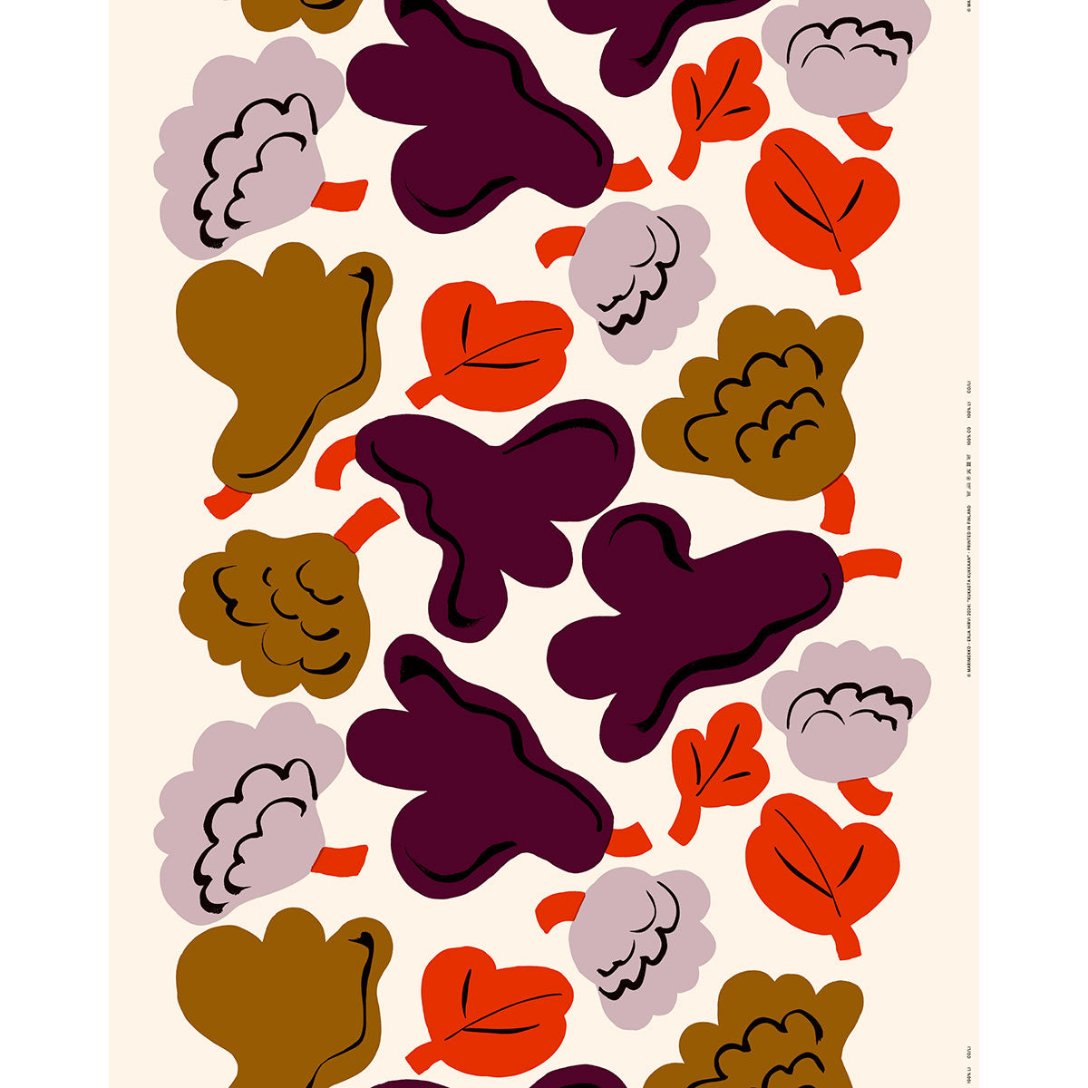 Marimekko Kukasta Kukkaan Off White / Plum / Terracotta Cotton Sateen Fabric Repeat