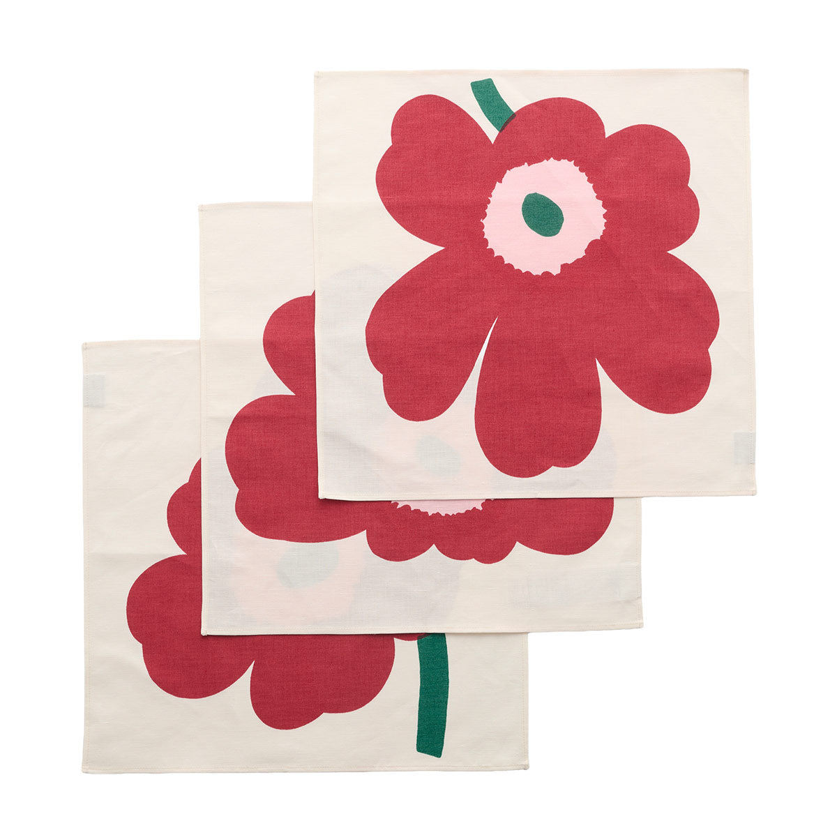 Marimekko Unikko Off White / Cranberry / Green Fabric Napkins - Set of 3