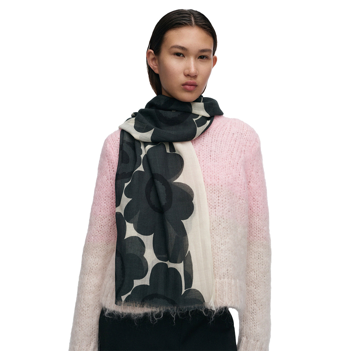 Marimekko Fiore Unikko Dark Green / Cream Sheer Wool Scarf