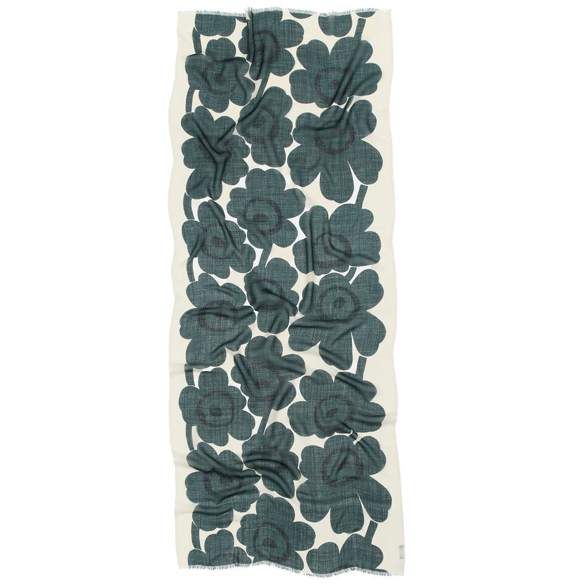 Marimekko Fiore Unikko Dark Green / Cream Sheer Wool Scarf