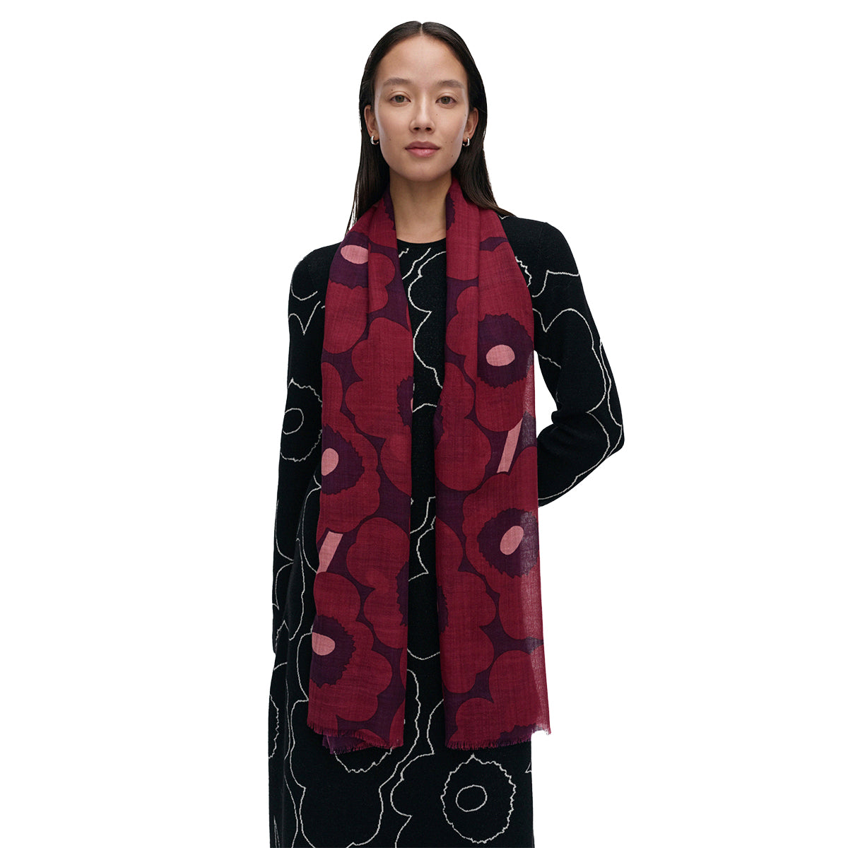 Marimekko Fiore Unikko Plum / Dark Red / Rose Sheer Wool Scarf