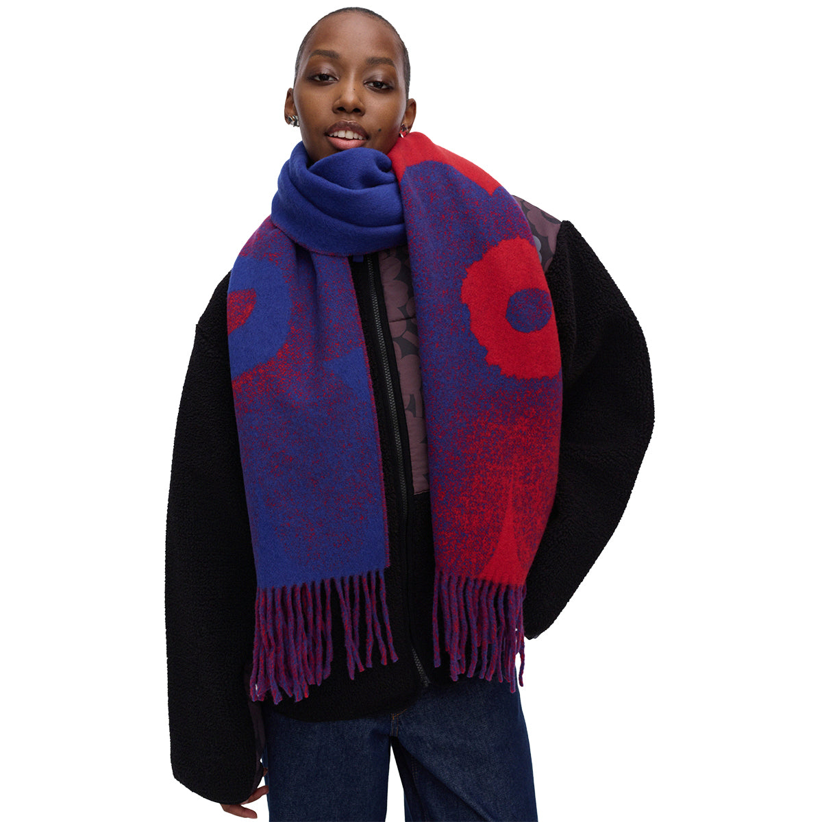 Marimekko Onnekas Unikko Red / Blue Wool Scarf