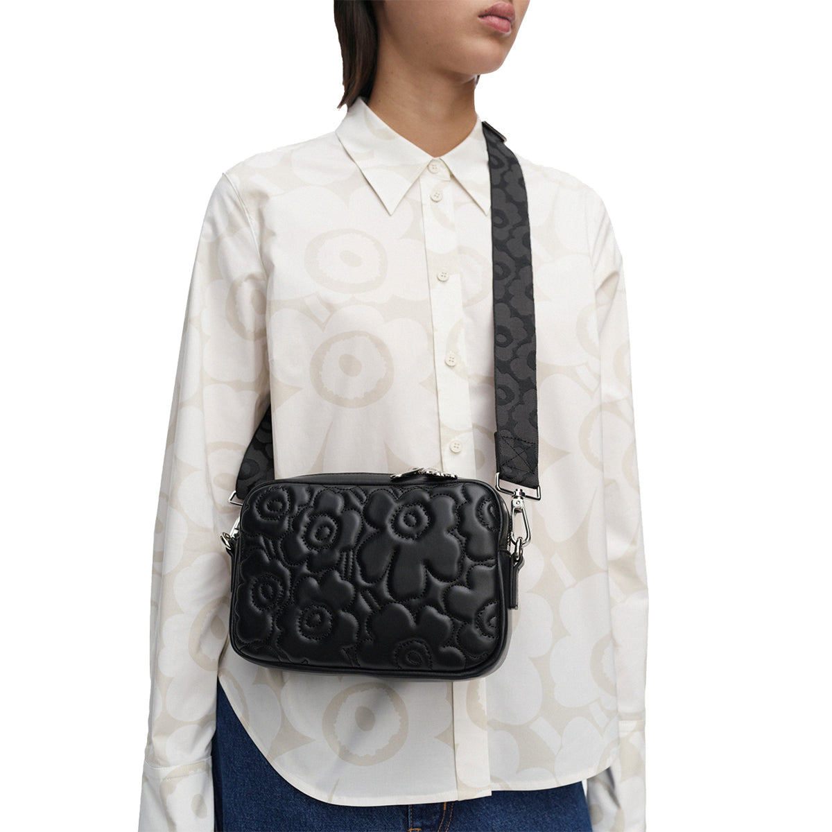 Marimekko Unikko Soft Gratha Black Leather Shoulder Bag