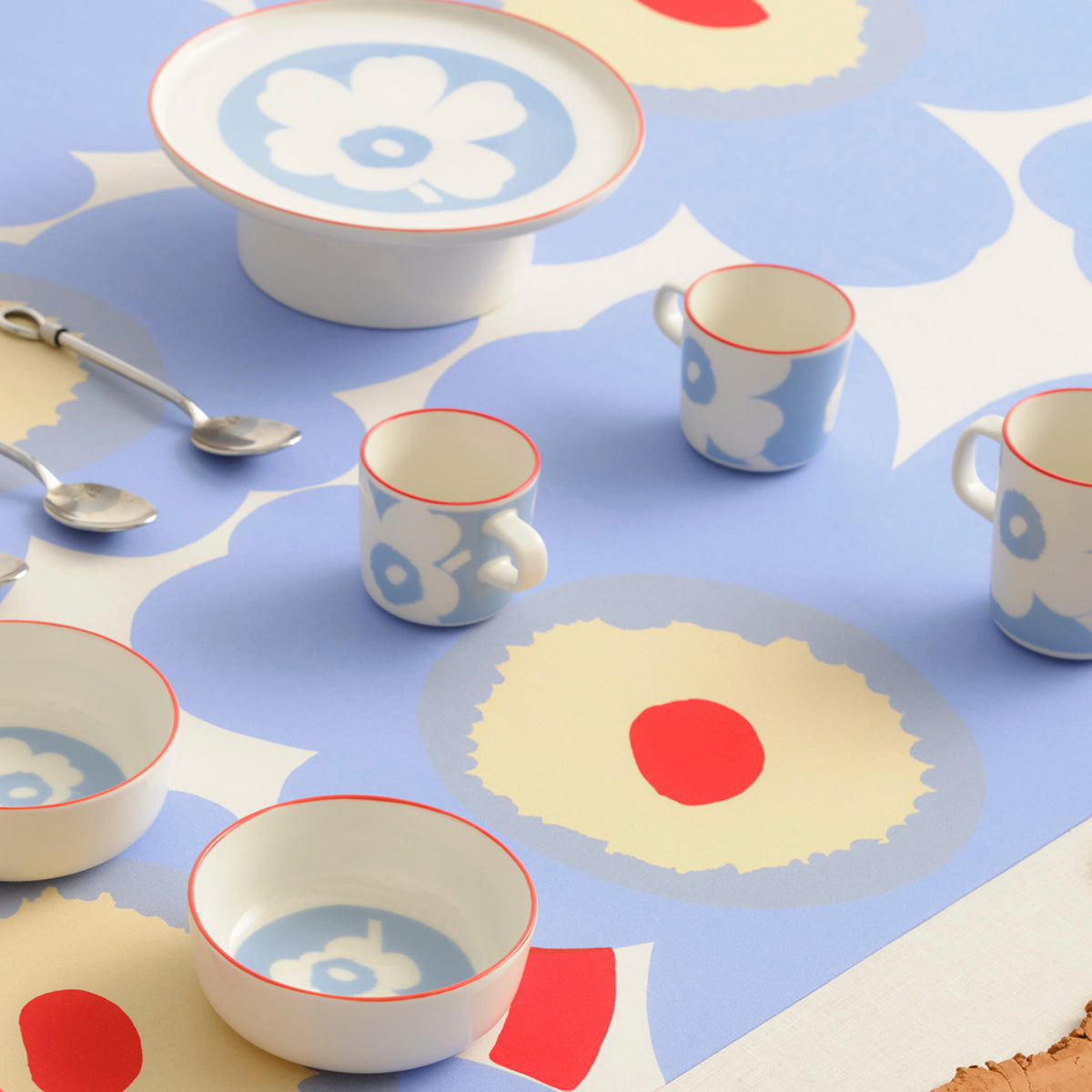 Marimekko Unikko White / Light Blue / Red Footed Serving Platter