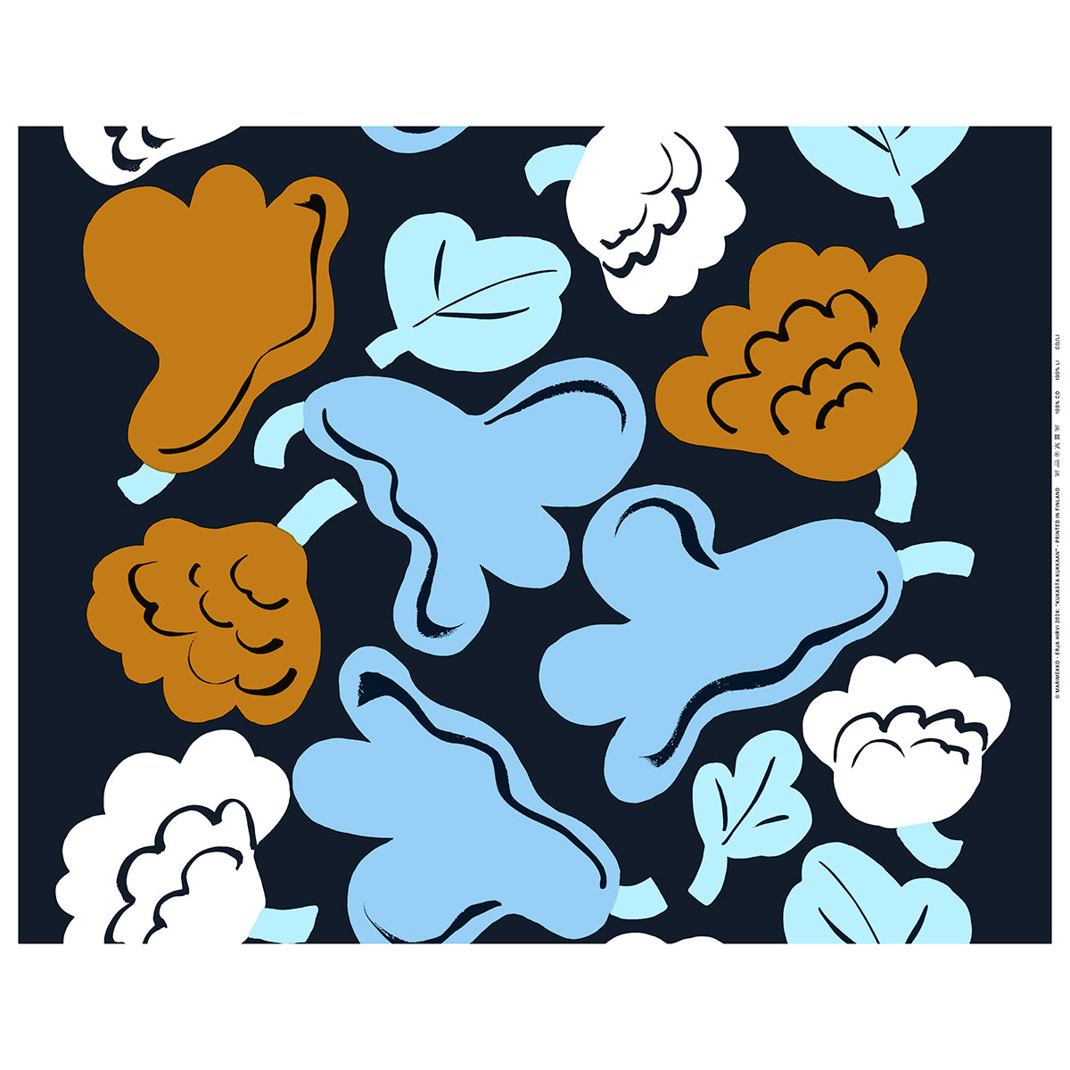 Marimekko Kukasta Kukkaan Dark Blue / Bronze / Light Blue Medium Weight Cotton Fabric Repeat