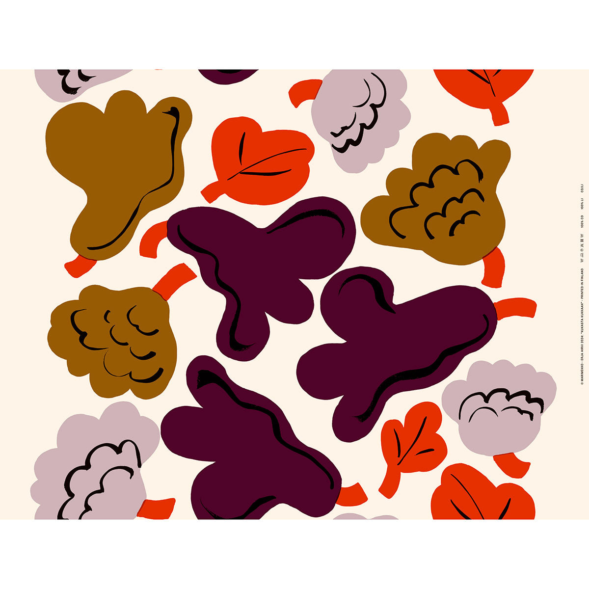 Marimekko Kukasta Kukkaan Off White / Plum / Terracotta Cotton Sateen Fabric Repeat