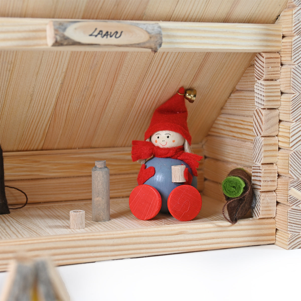 Shelter "Laavu" with Tonttus, Fireplace and Wooden Block with Axe
