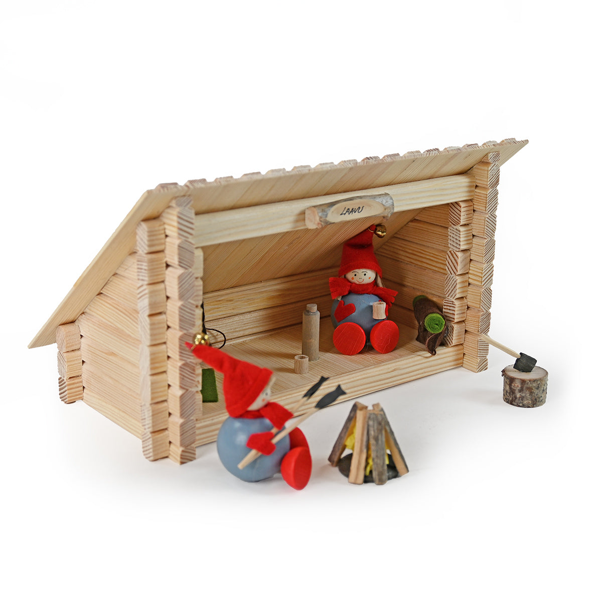 Shelter "Laavu" with Tonttus, Fireplace and Wooden Block with Axe