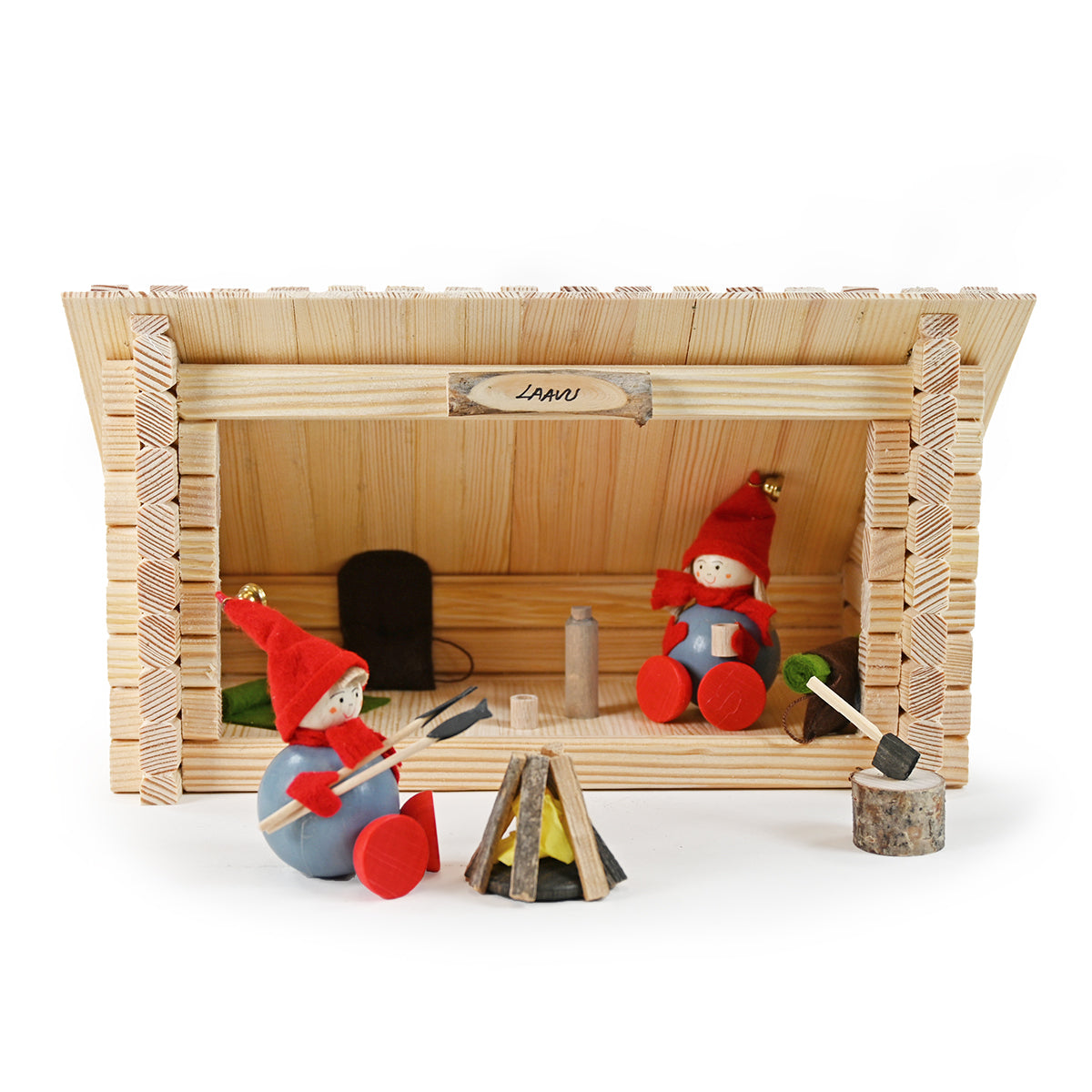 Shelter "Laavu" with Tonttus, Fireplace and Wooden Block with Axe