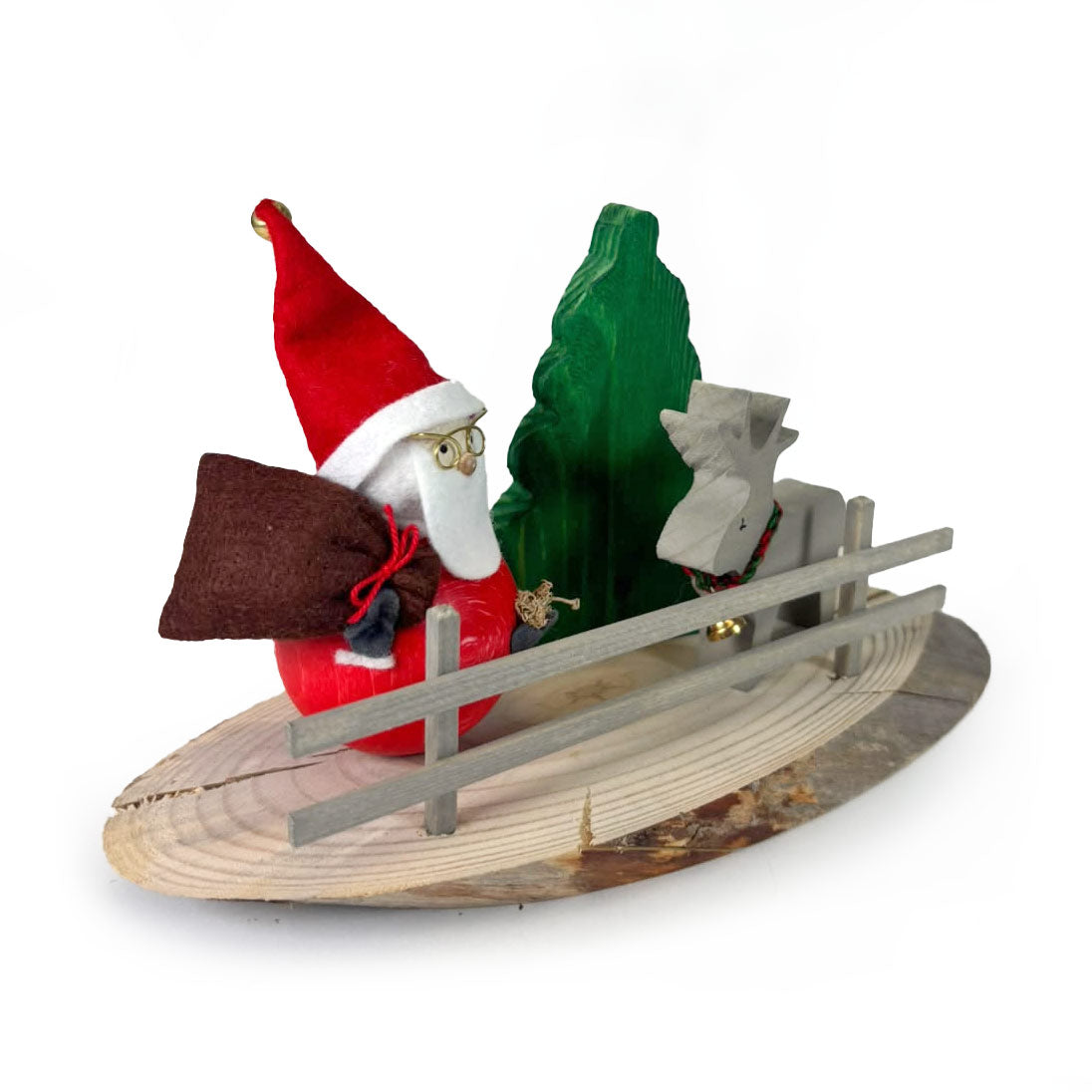 Wooden Disc with Santa Claus, Reindeer, Fence & Christmas Tree