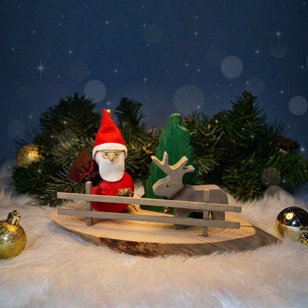 Wooden Disc with Santa Claus, Reindeer, Fence & Christmas Tree