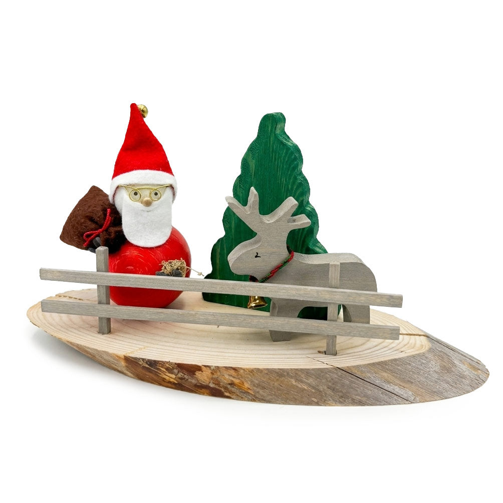 Wooden Disc with Santa Claus, Reindeer, Fence & Christmas Tree