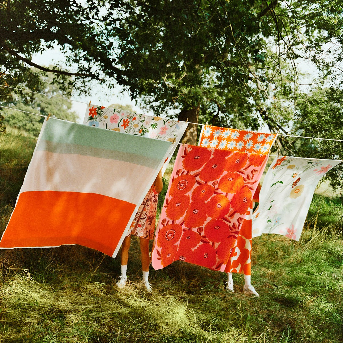 Marimekko Hennika Orange / Light Pink / Sage Cotton Fabric Repeat