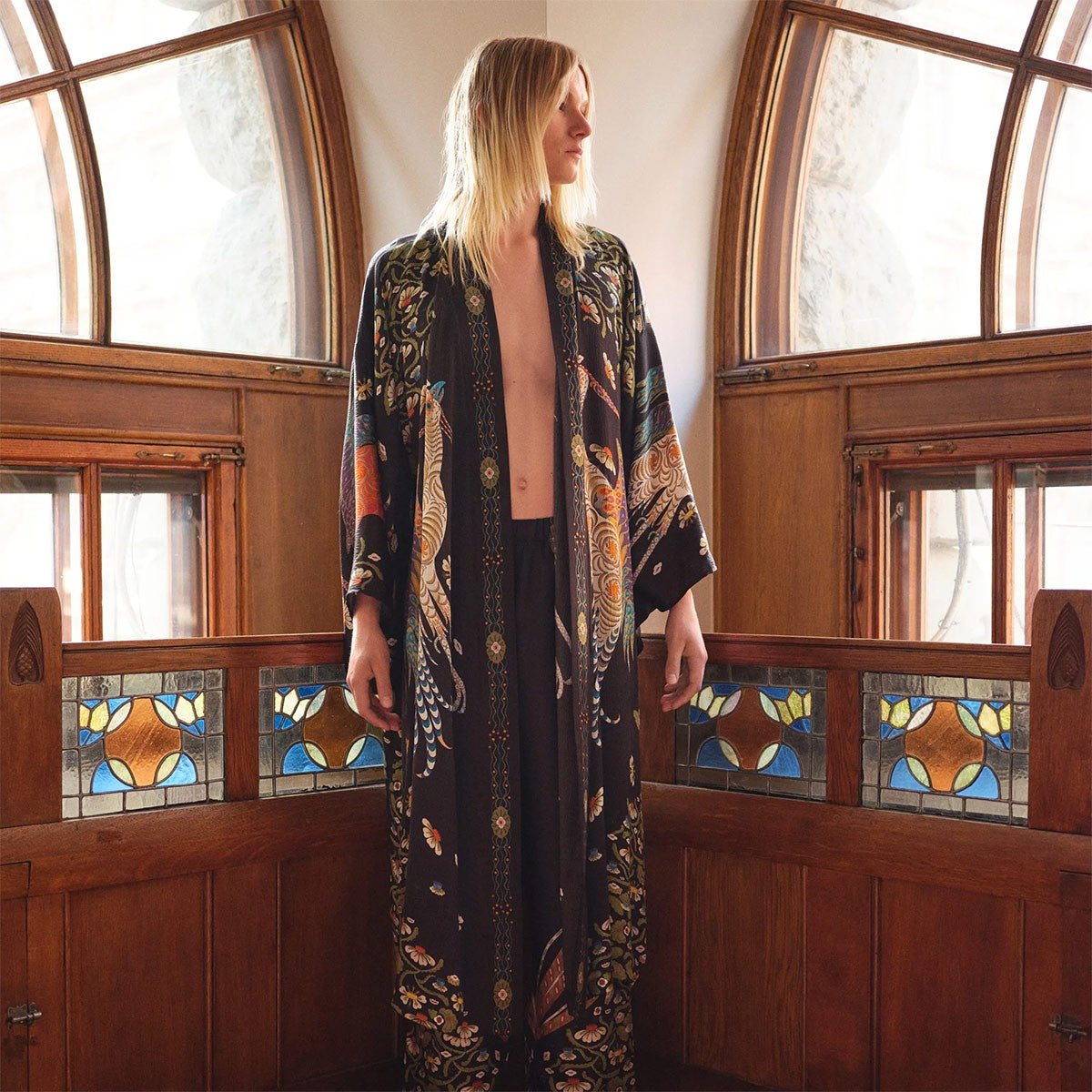 Klaus Haapaniemi Firebird Long Black Silk Kimono - One Size