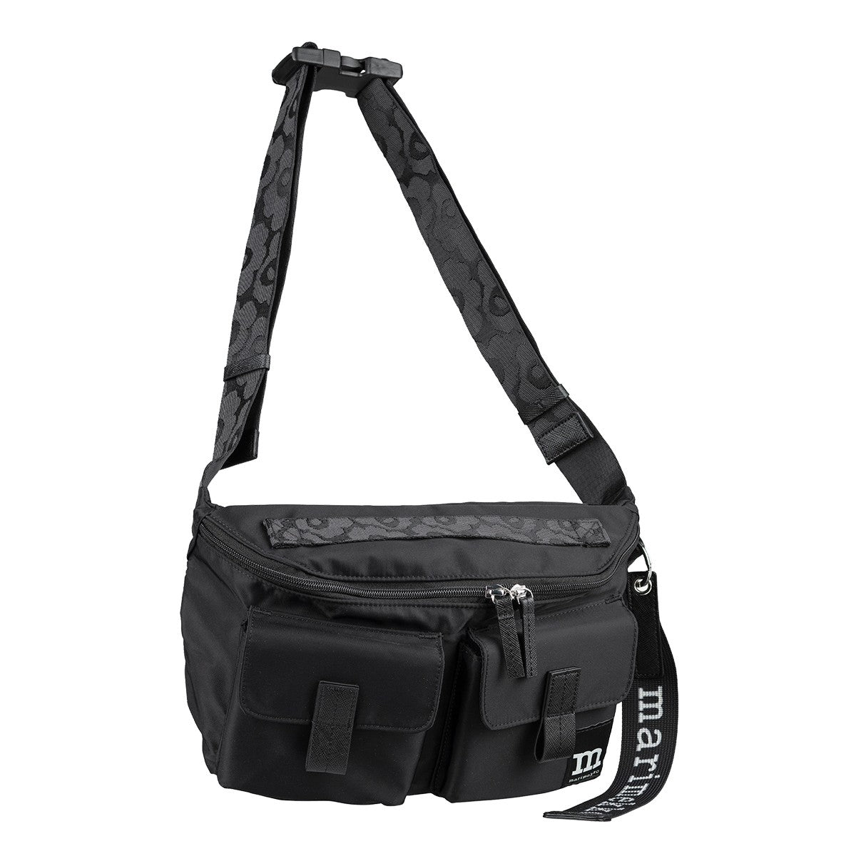 Marimekko Solid Black Medium Sling Shoulder Bag w/ Unikko Strap