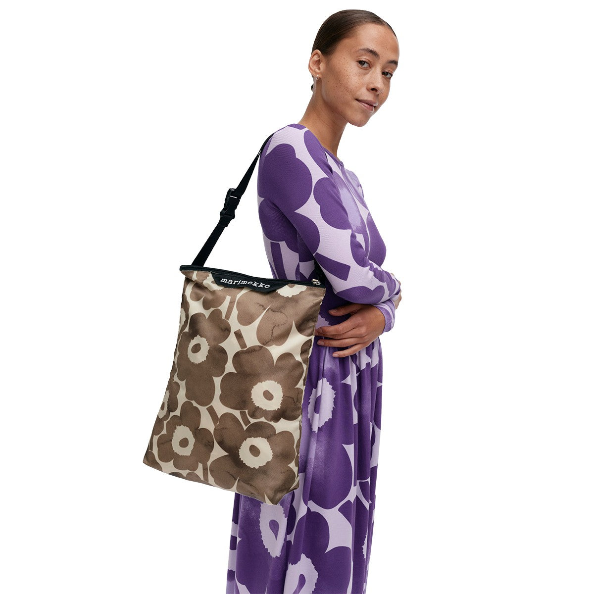Marimekko Unikko Charcoal / Cream Medium Neat Crossbody Shoulder Bag