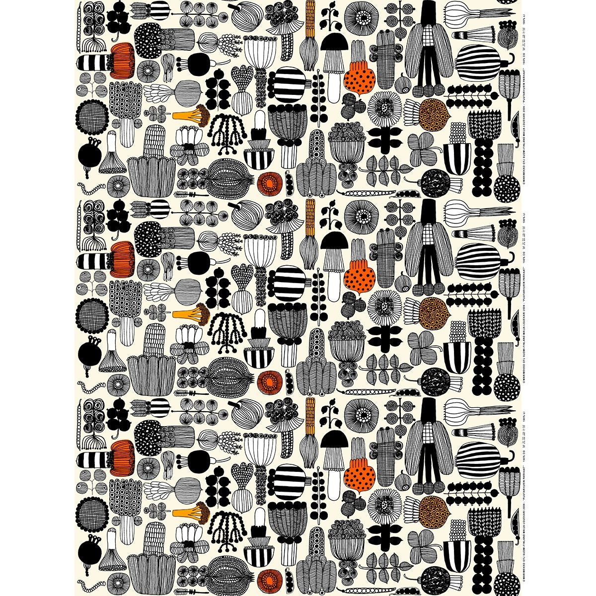 Marimekko Puutarhurin Parhaat White / Black / Orange Acrylic Coated Cotton Fabric