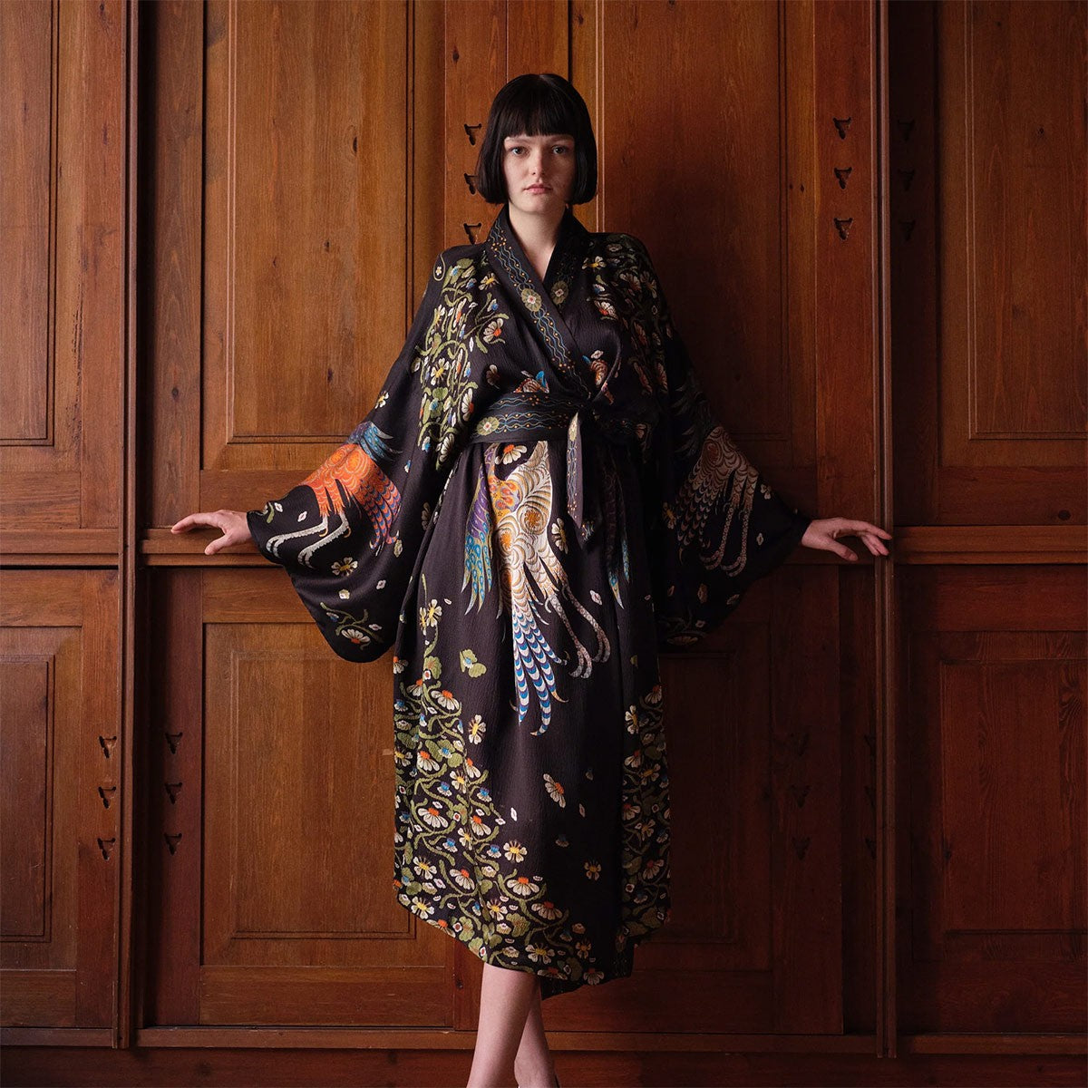 Klaus Haapaniemi Firebird Long Black Silk Kimono - One Size