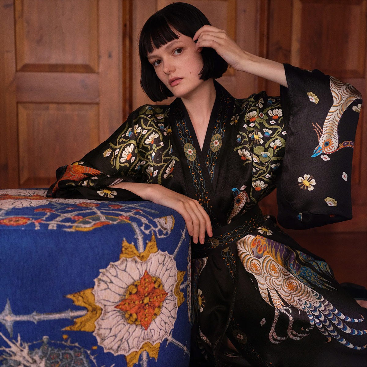 Klaus Haapaniemi Firebird Long Black Silk Kimono - One Size
