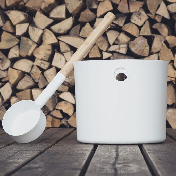 Kolo White Aluminum / Bamboo Sauna Bucket + Ladle Set
