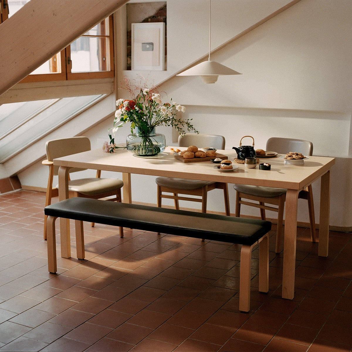 Artek Alvar Aalto Bench 168B - Upholstered Seat w/ Black Lacquered Legs