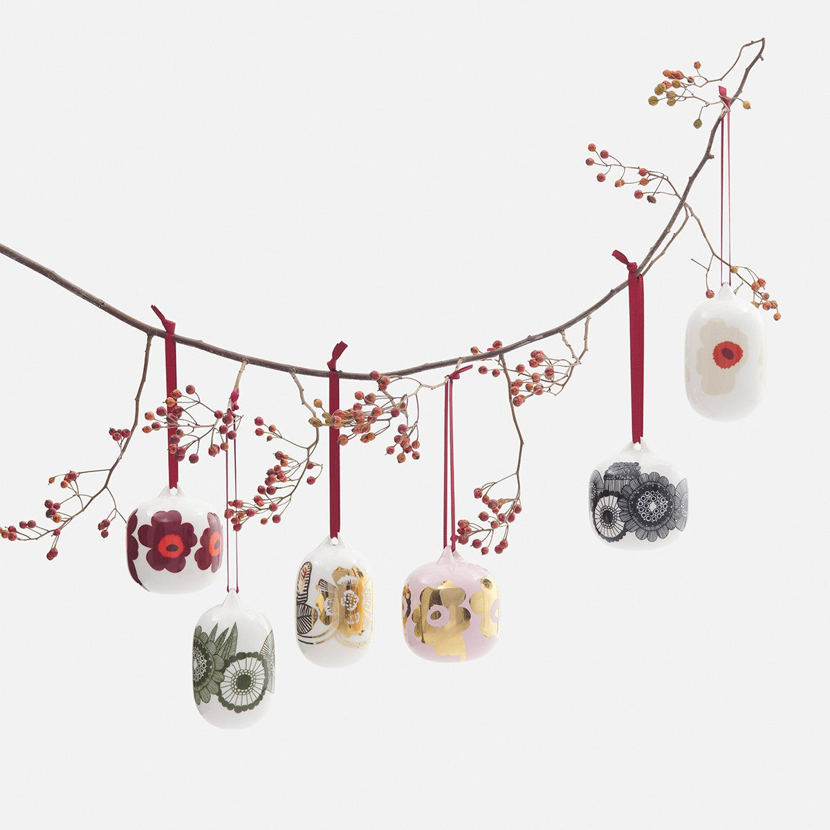 Marimekko Unikko Dark Red / Beige / White Ornaments - Set of 2