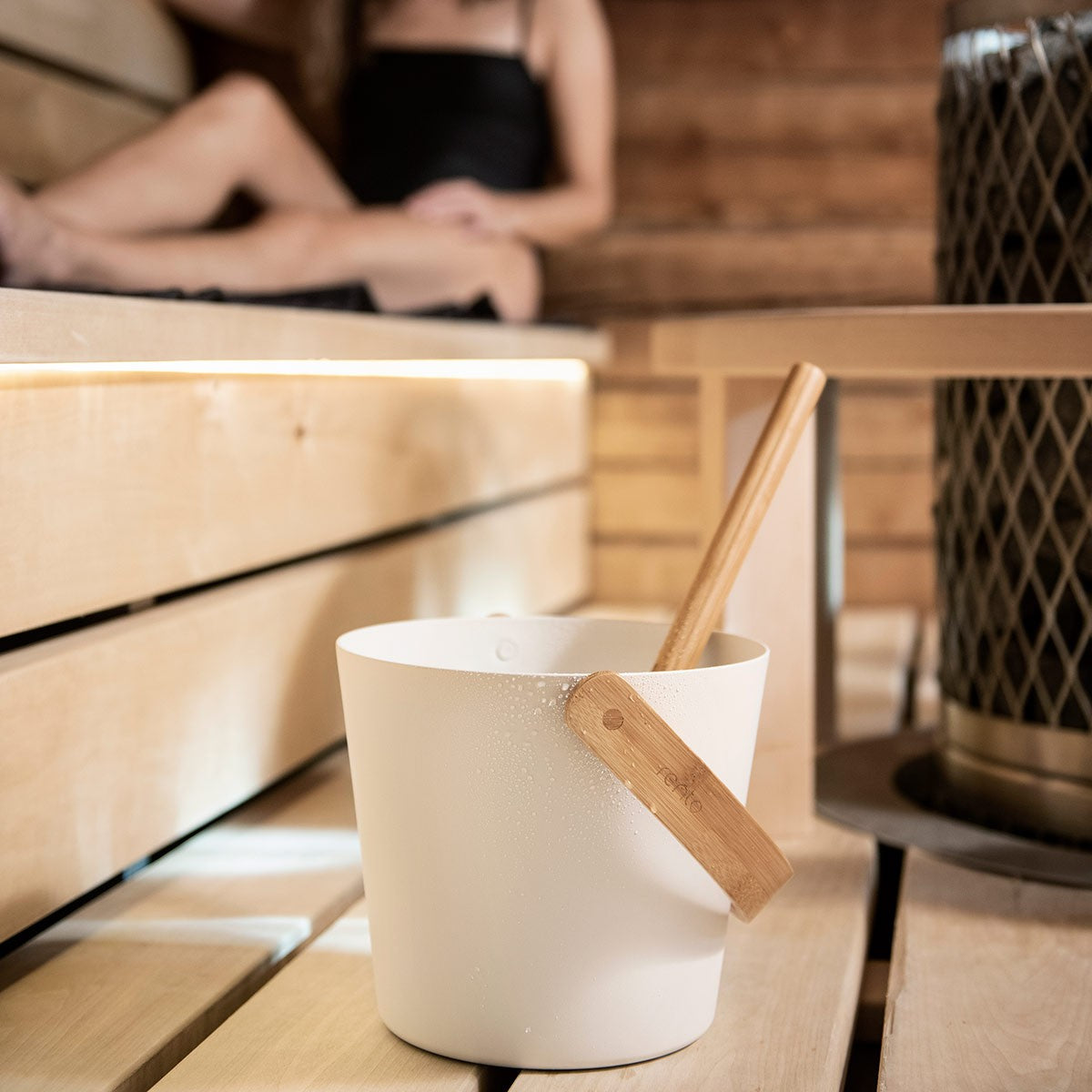 Rento Aluminum / Bamboo White Sauna Pail & Ladle Set