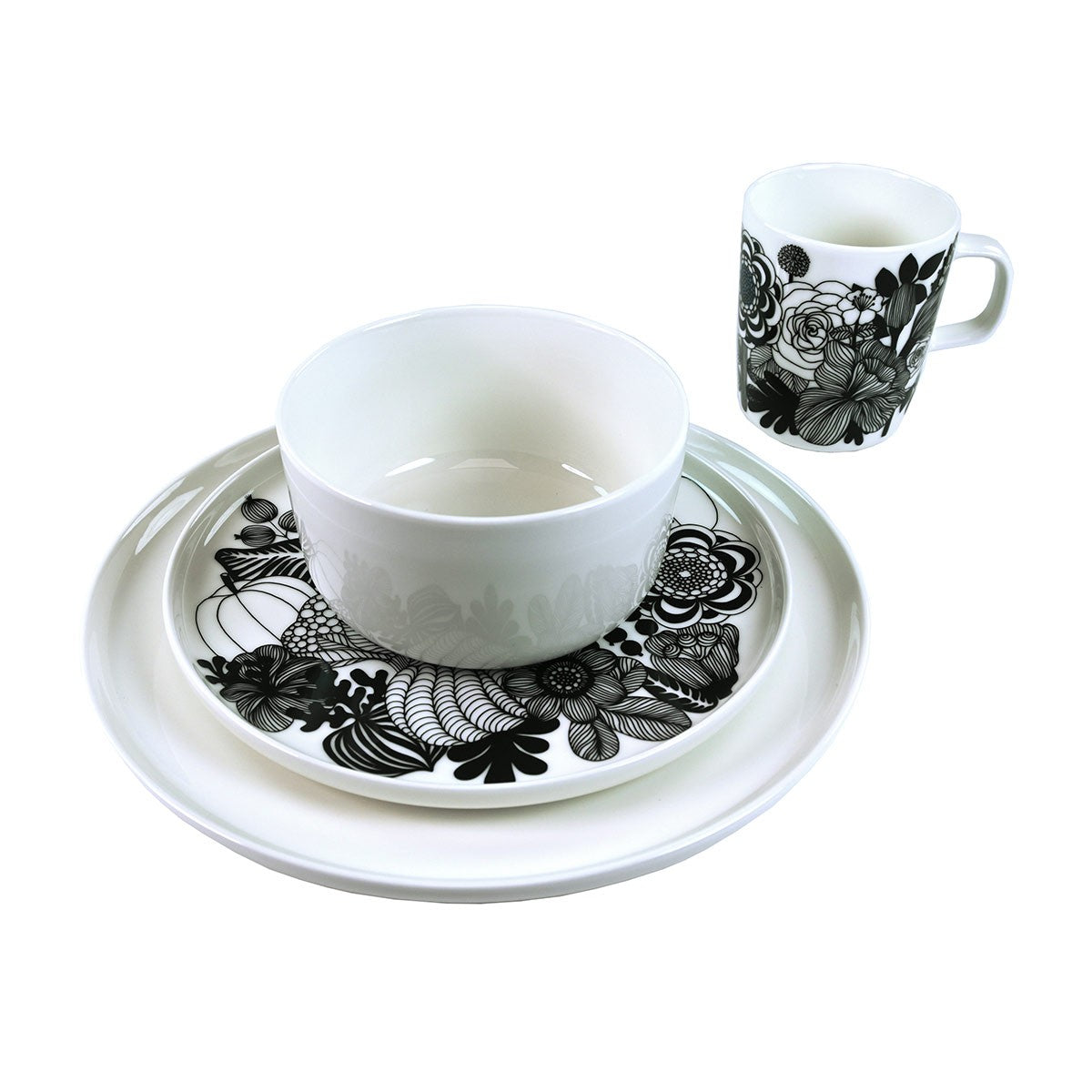 Marimekko Black / White 16pc Siirtolapuutarha / Oiva Dinnerware Set