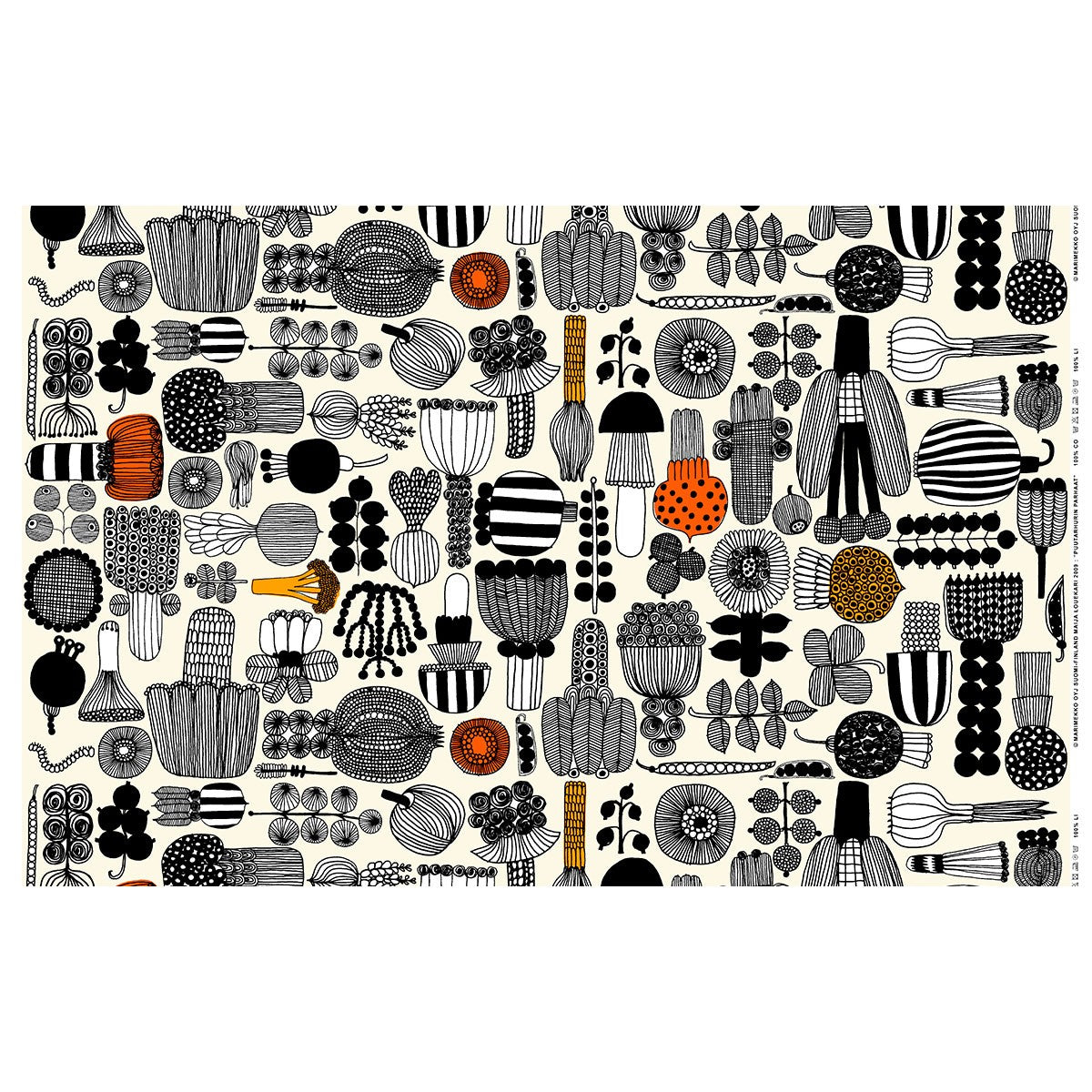 Marimekko Puutarhurin Parhaat White / Black / Orange Acrylic Coated Cotton Fabric