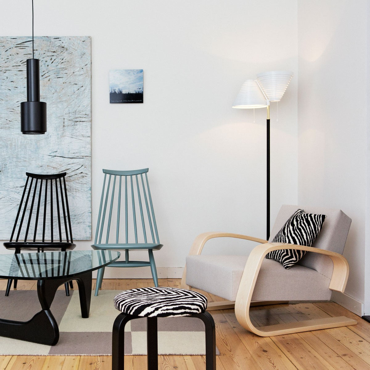 Artek Alvar Aalto Stool 60 - Three Legged Stool - Black Lacquered Legs with Zebra Upholstered Seat