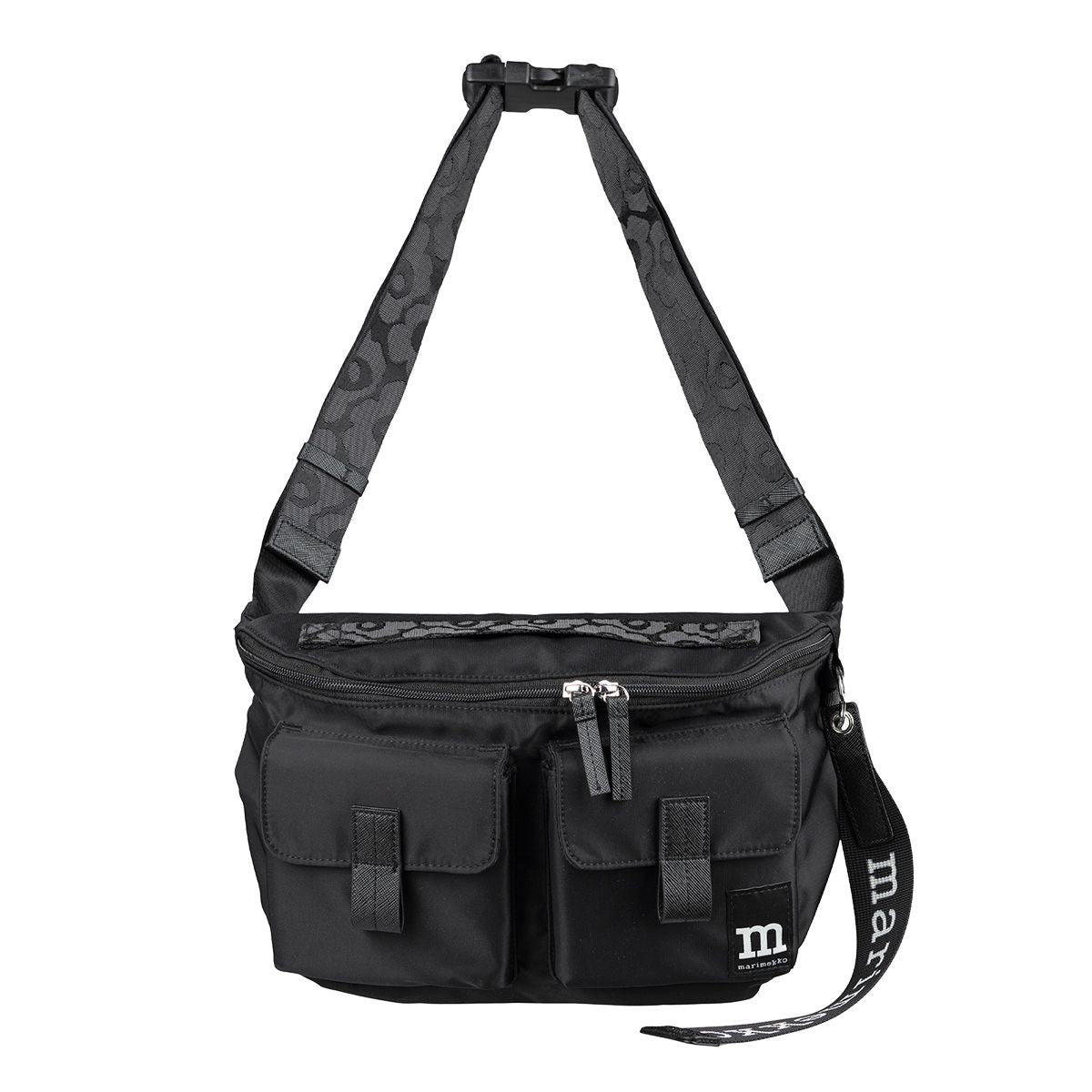 Marimekko Solid Black Medium Sling Shoulder Bag w/ Unikko Strap