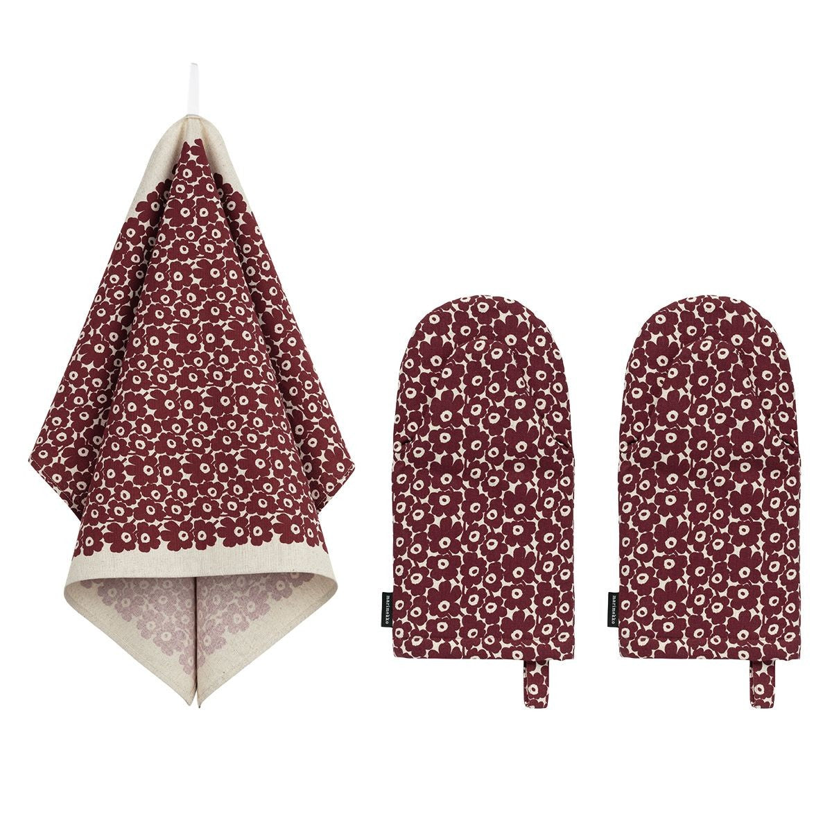 Marimekko Pikkuinen Unikko Burgundy / Cream Oven Mitt & Tea Towel Set