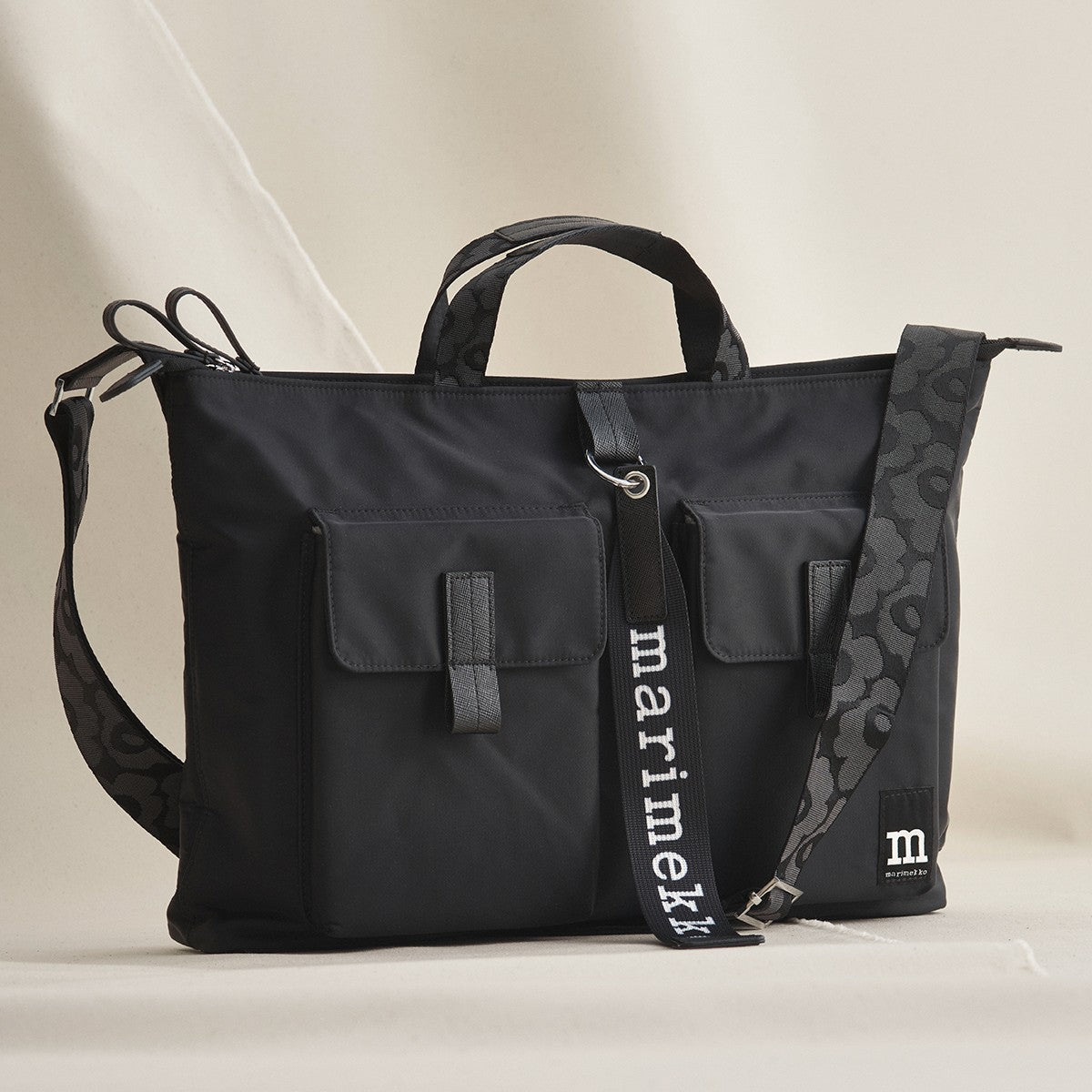 Marimekko Solid Black Everything Messenger Bag w/ Unikko Strap