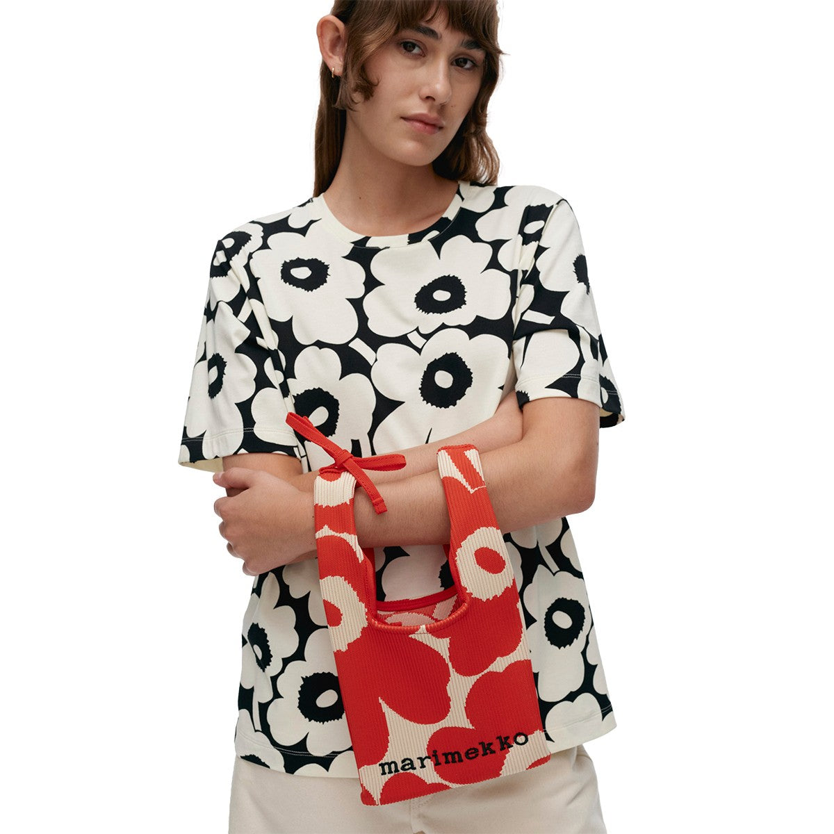 Marimekko Unikko Red / Tan Mini Knitted Tote Bag
