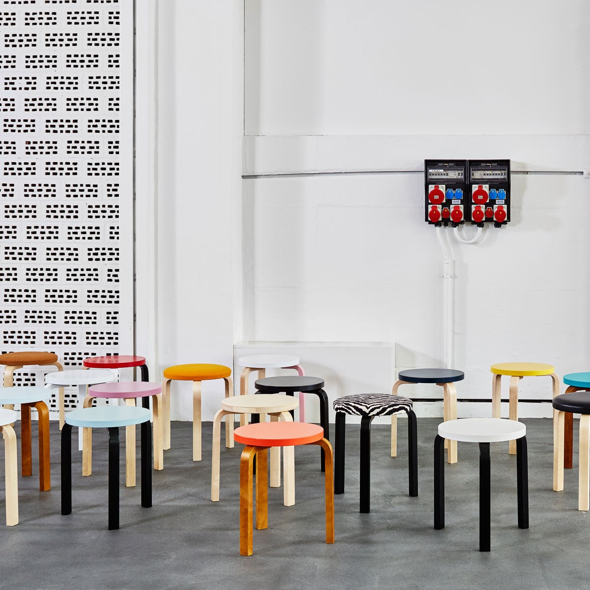 Artek Alvar Aalto Stool 60 - Three Legged Stool - Black Lacquered Legs with Zebra Upholstered Seat