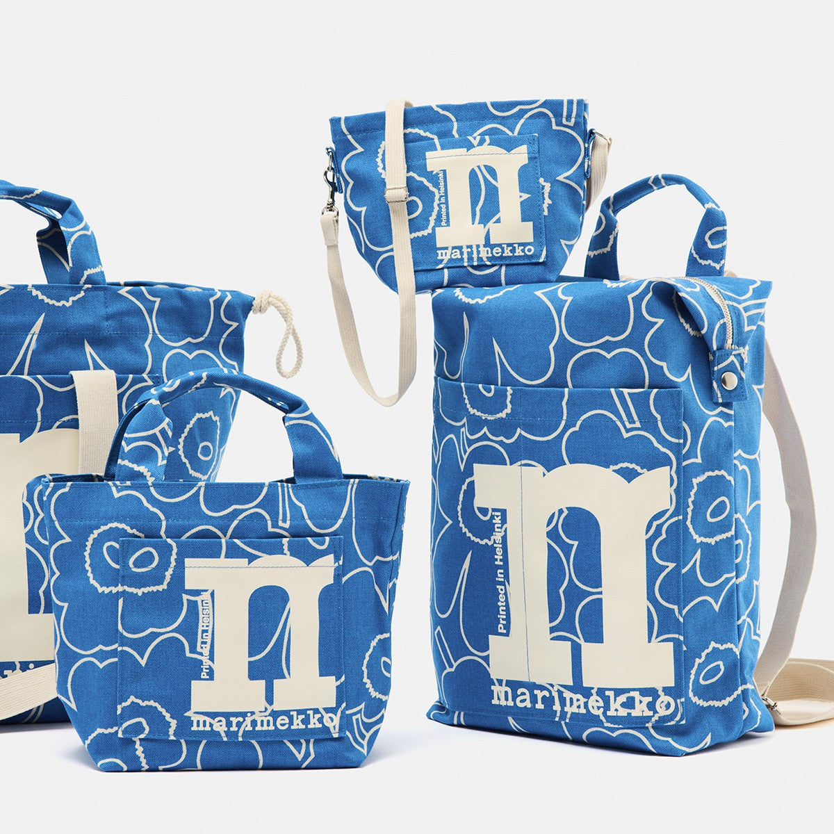 Marimekko Piirto Unikko Blue / Off White Large Mono City Tote Bag
